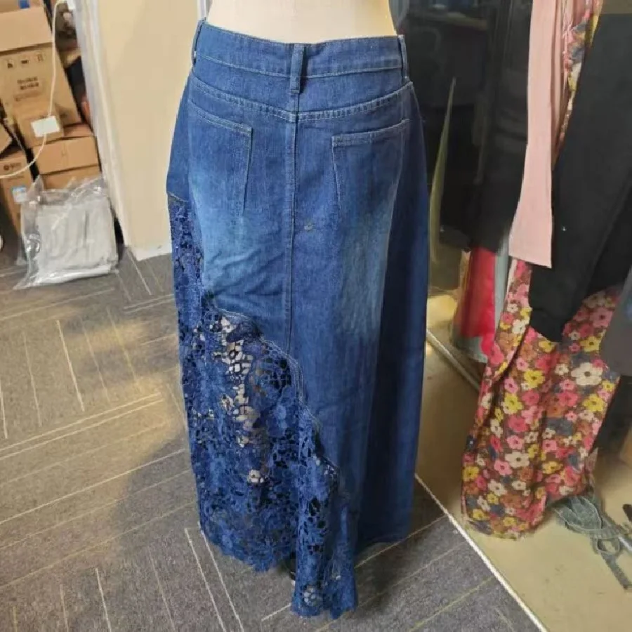 Women Denim Maxi Skirts High Waist Lace Stitching Jean Long Skirt Ladies Summer Spring Autumn Fashions