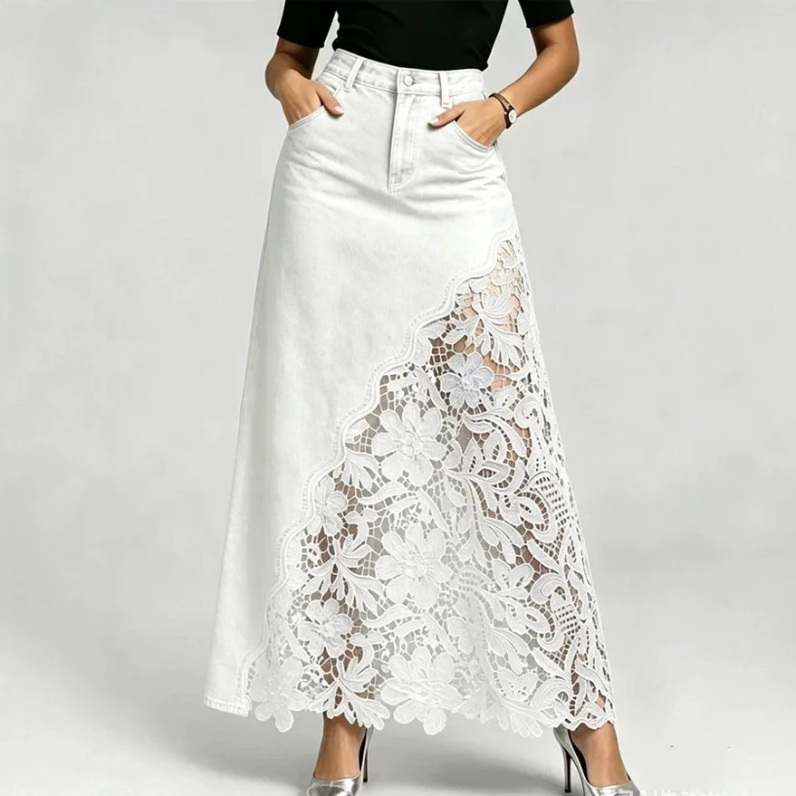 Women Denim Maxi Skirts High Waist Lace Stitching Jean Long Skirt Ladies Summer Spring Autumn Fashions