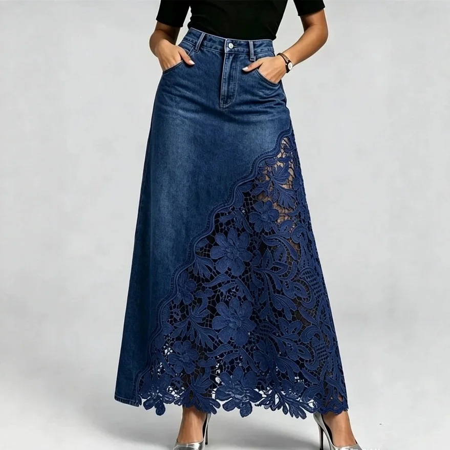 Women Denim Maxi Skirts High Waist Lace Stitching Jean Long Skirt Ladies Summer Spring Autumn Fashions