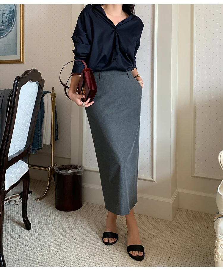Elegant Women Pencil Skirts 2025 Spring Summer Office Ladies Pockets Casual High Waist Midi Suits Skirt L978C
