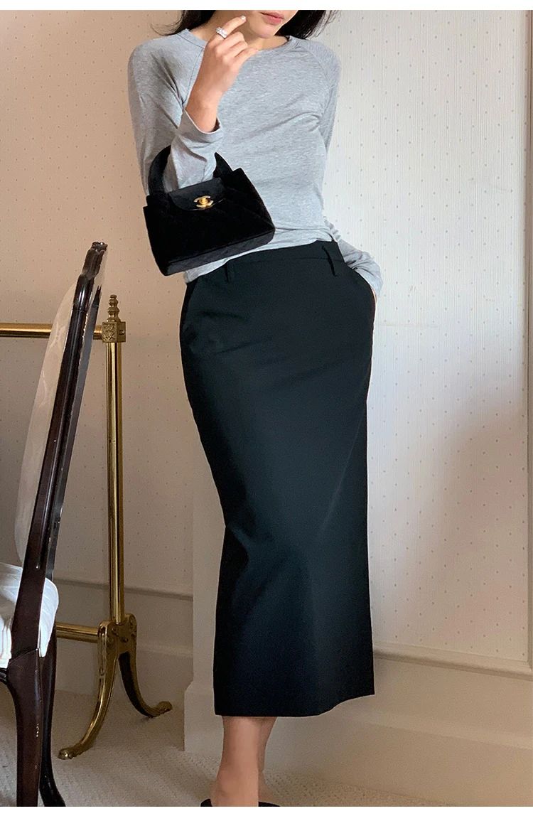 Elegant Women Pencil Skirts 2025 Spring Summer Office Ladies Pockets Casual High Waist Midi Suits Skirt L978C