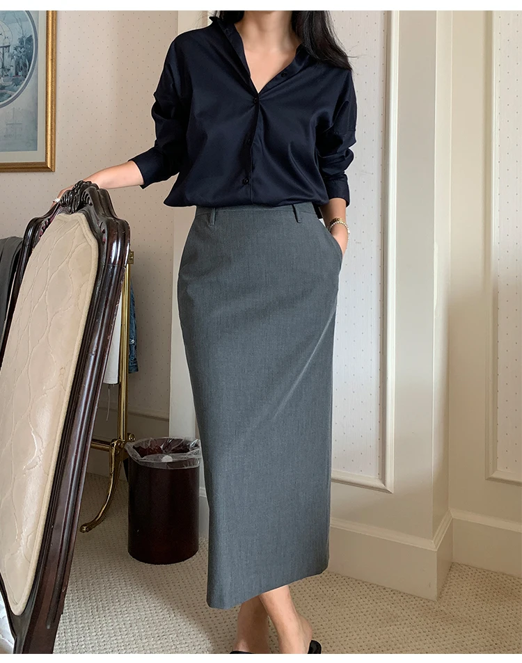 Elegant Women Pencil Skirts 2025 Spring Summer Office Ladies Pockets Casual High Waist Midi Suits Skirt L978C