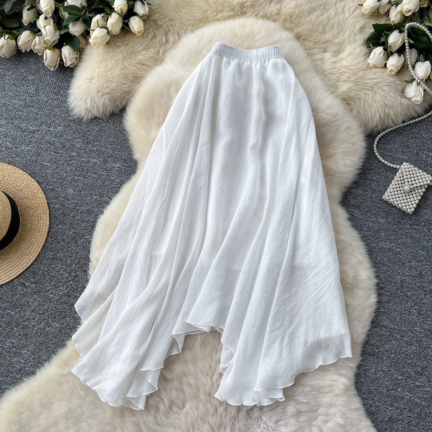 SINGREINY Summer Gentle Skirt Women Irregular Temperament Elastic Waist Ladies Fashion A Line Classic Versatile Senior Skirts