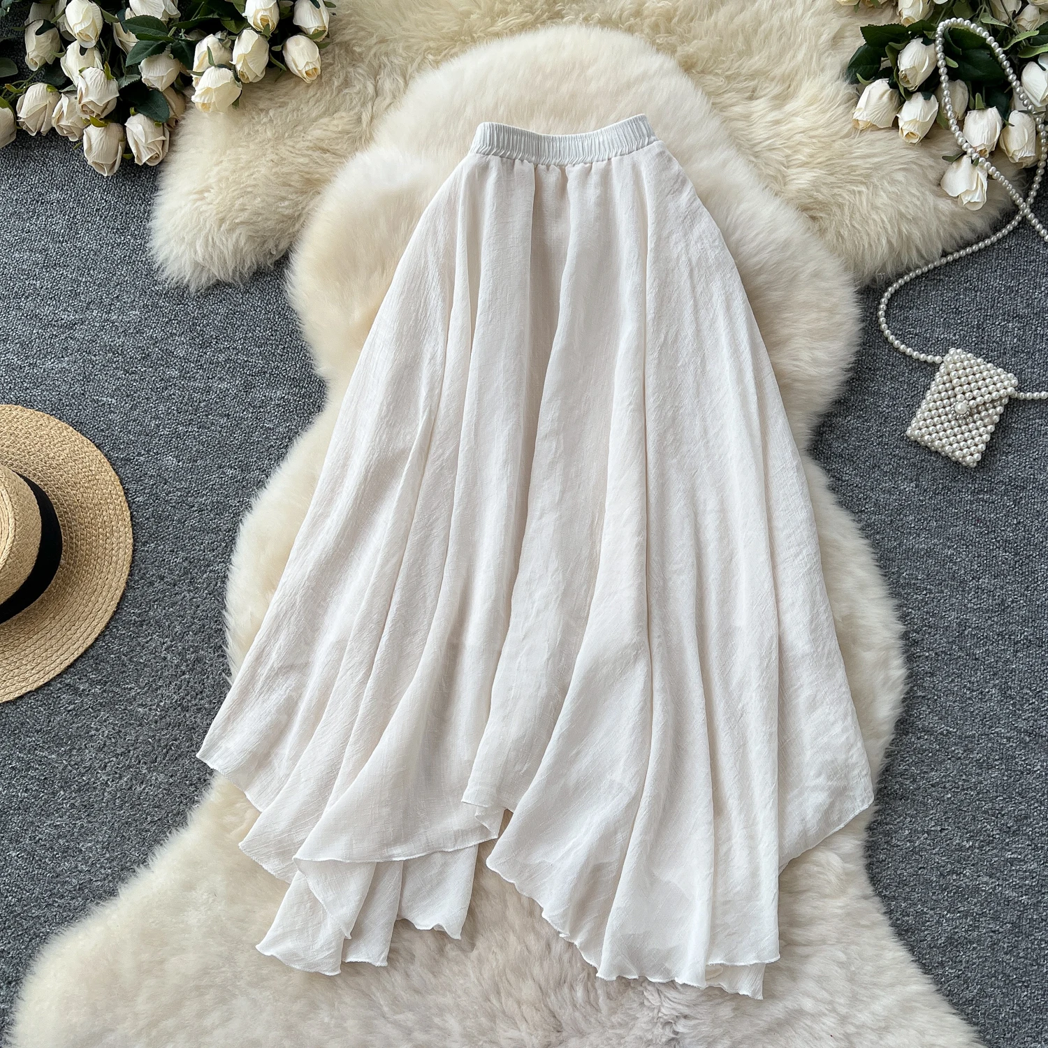 SINGREINY Summer Gentle Skirt Women Irregular Temperament Elastic Waist Ladies Fashion A Line Classic Versatile Senior Skirts