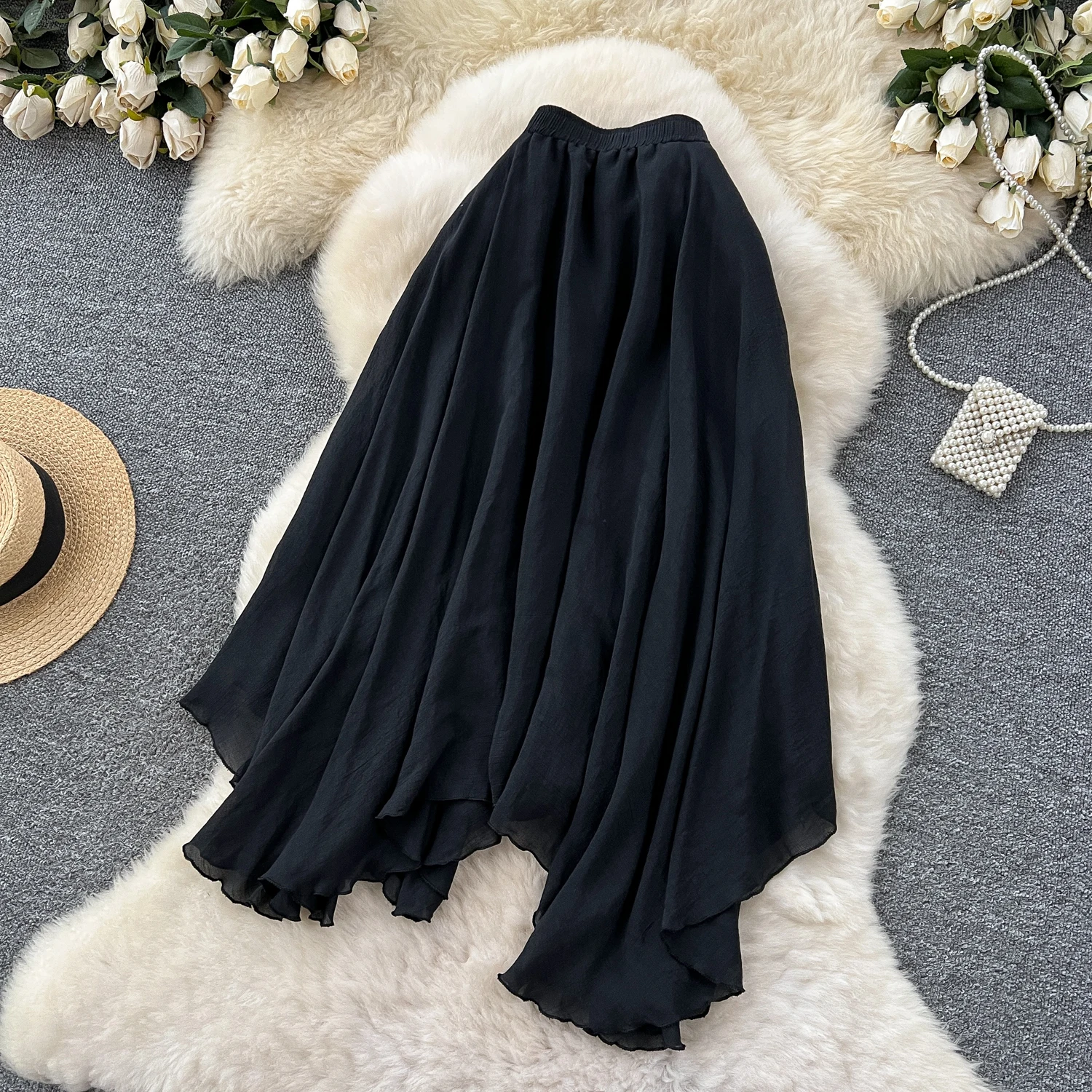 SINGREINY Summer Gentle Skirt Women Irregular Temperament Elastic Waist Ladies Fashion A Line Classic Versatile Senior Skirts