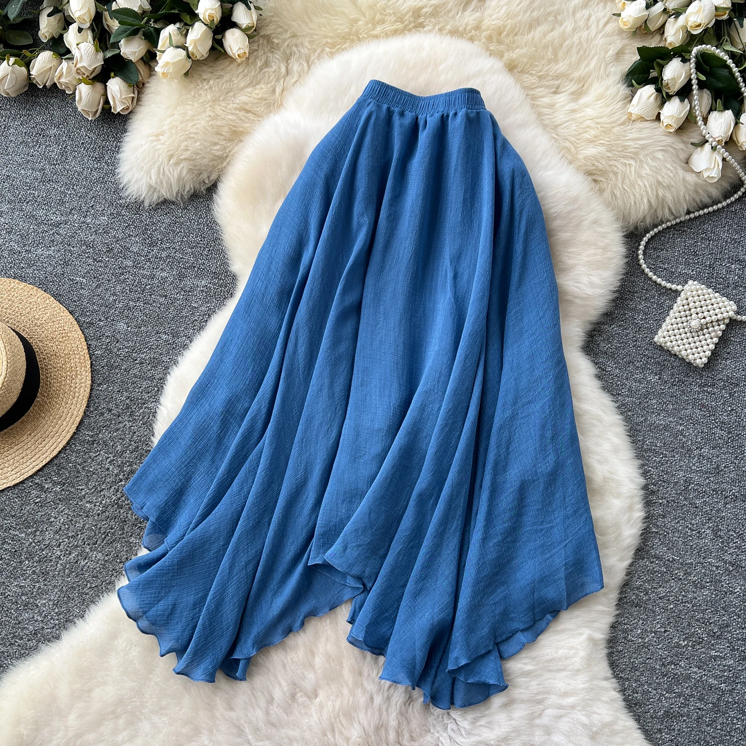 SINGREINY Summer Gentle Skirt Women Irregular Temperament Elastic Waist Ladies Fashion A Line Classic Versatile Senior Skirts