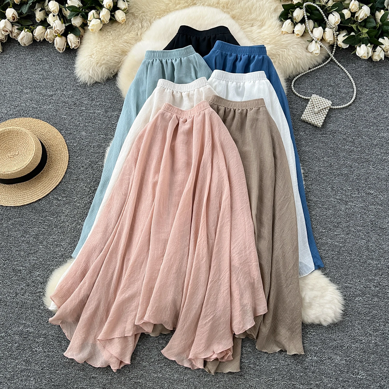 SINGREINY Summer Gentle Skirt Women Irregular Temperament Elastic Waist Ladies Fashion A Line Classic Versatile Senior Skirts
