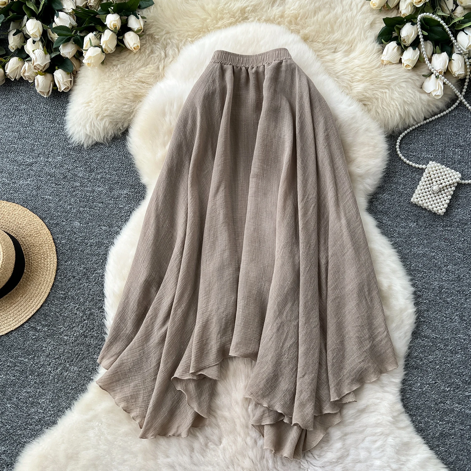 SINGREINY Summer Gentle Skirt Women Irregular Temperament Elastic Waist Ladies Fashion A Line Classic Versatile Senior Skirts