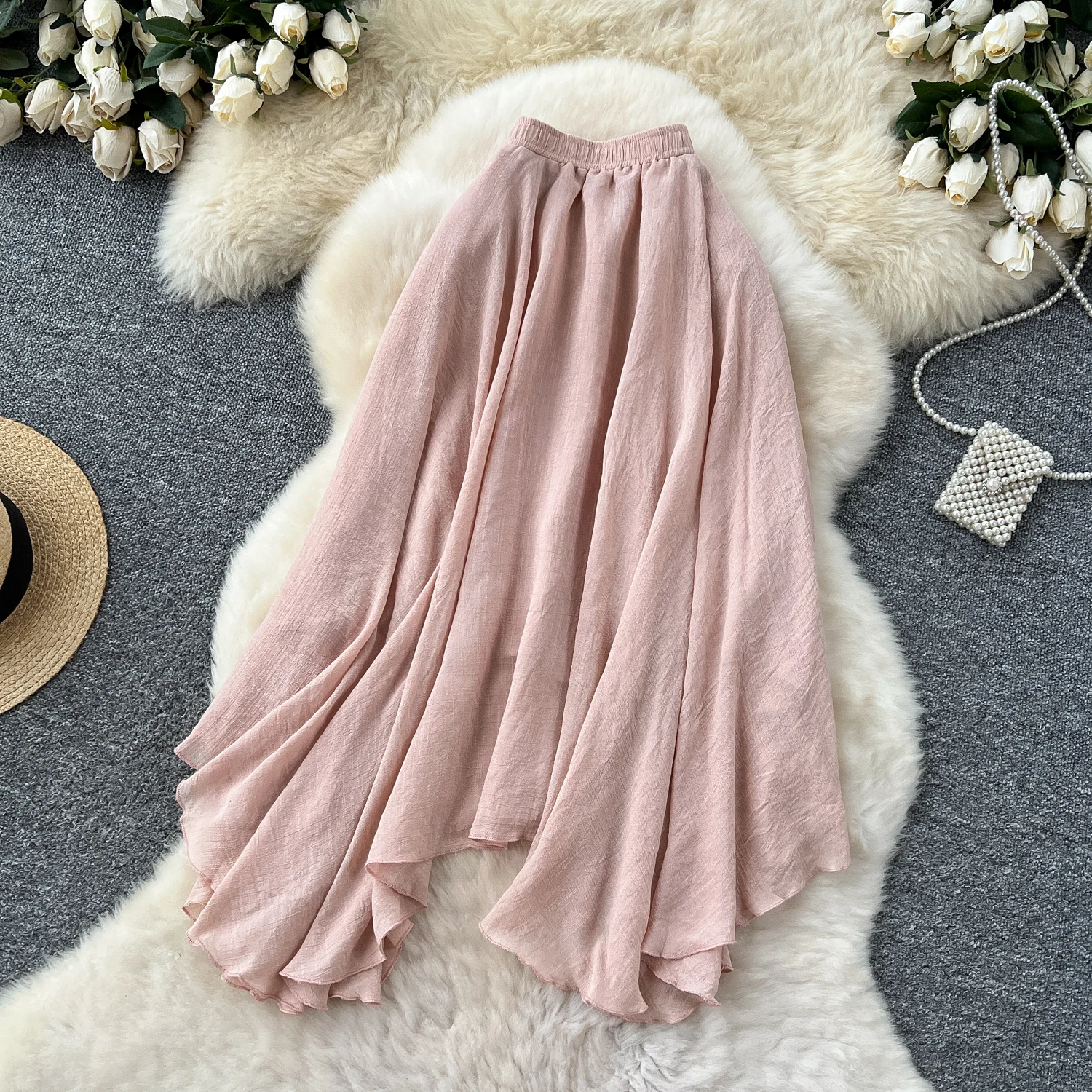SINGREINY Summer Gentle Skirt Women Irregular Temperament Elastic Waist Ladies Fashion A Line Classic Versatile Senior Skirts
