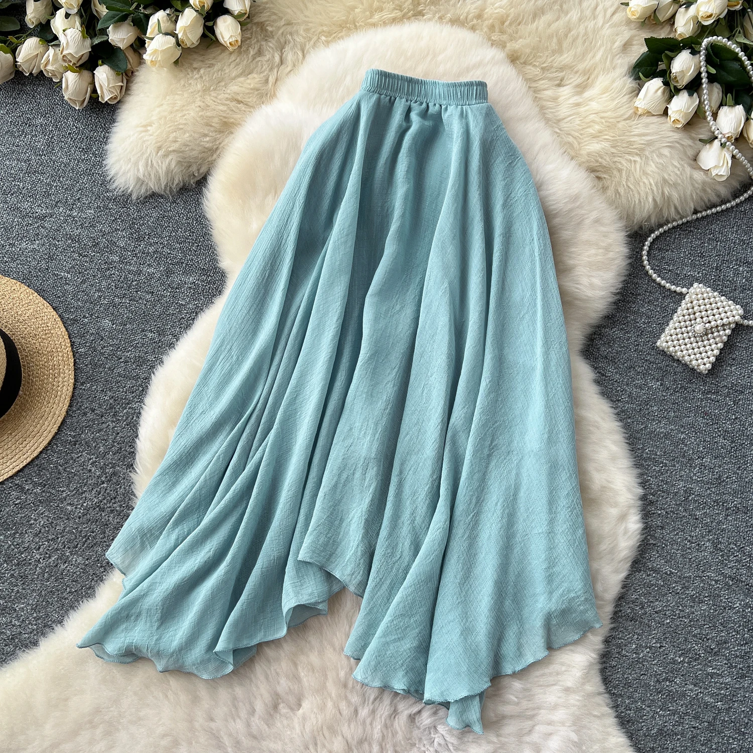 SINGREINY Summer Gentle Skirt Women Irregular Temperament Elastic Waist Ladies Fashion A Line Classic Versatile Senior Skirts