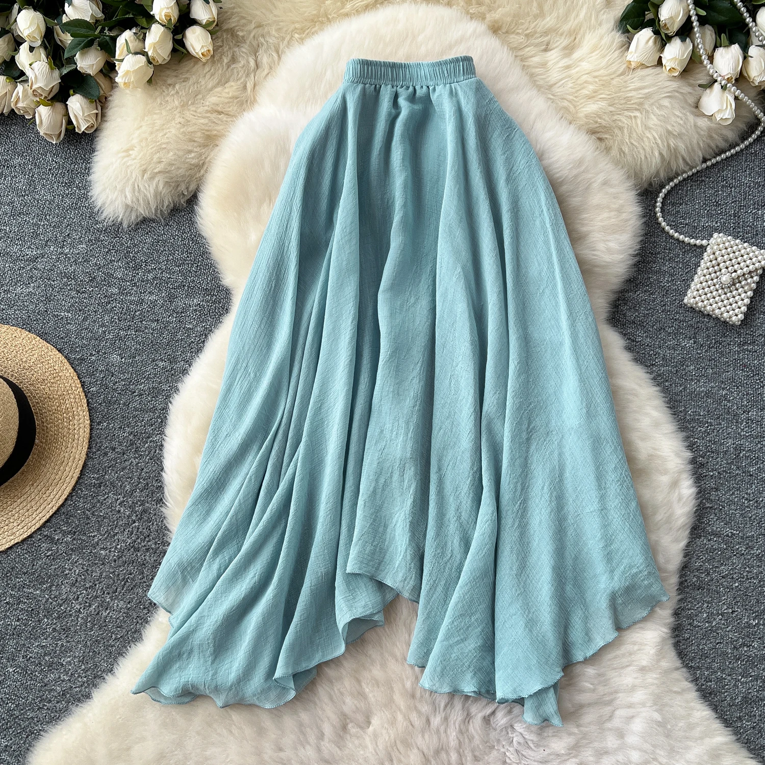 SINGREINY Summer Gentle Skirt Women Irregular Temperament Elastic Waist Ladies Fashion A Line Classic Versatile Senior Skirts