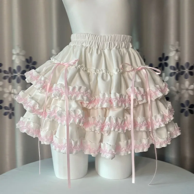 Summer Kawaii Pink White Lolita Skirt Women Sweet Fluffy Cake Mini Skirt Fashion Lace Ruffled A-Line Skirt Cute Girly Outfit