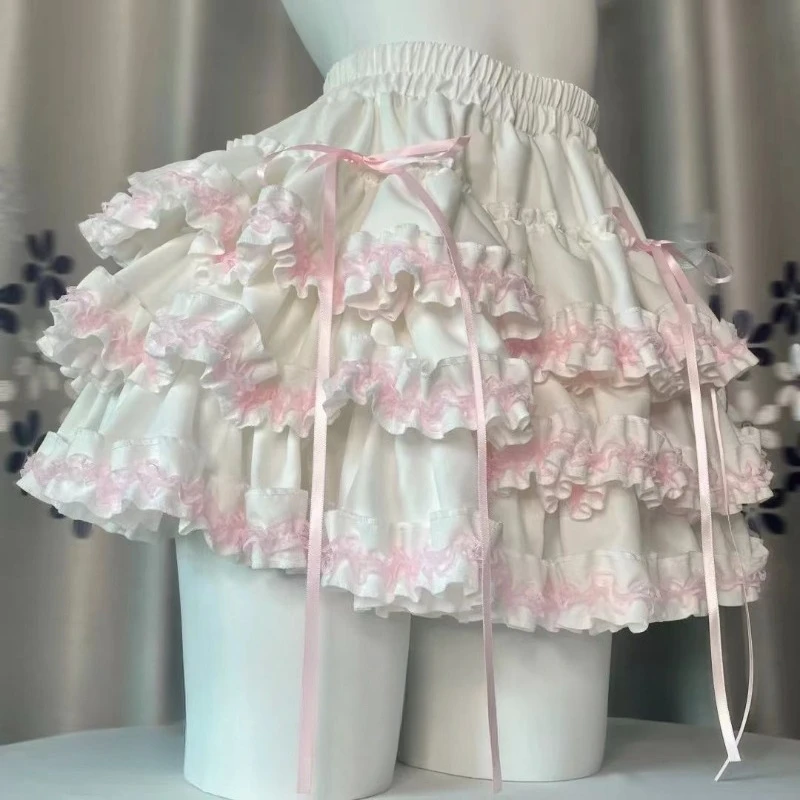 Summer Kawaii Pink White Lolita Skirt Women Sweet Fluffy Cake Mini Skirt Fashion Lace Ruffled A-Line Skirt Cute Girly Outfit