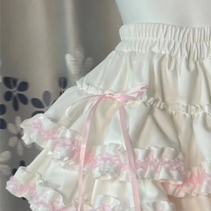 Summer Kawaii Pink White Lolita Skirt Women Sweet Fluffy Cake Mini Skirt Fashion Lace Ruffled A-Line Skirt Cute Girly Outfit