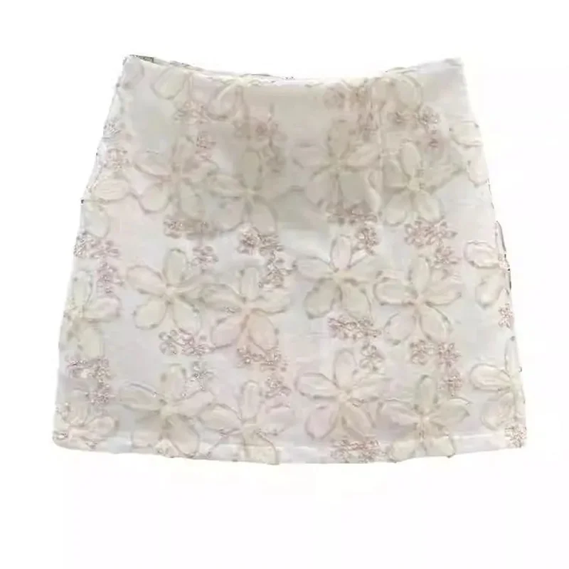 White Flower Skirt Women's Spring And Summer 2025 New High Waist Slim Anti-Exposure A-Word Hip Skirt MiNiskirt