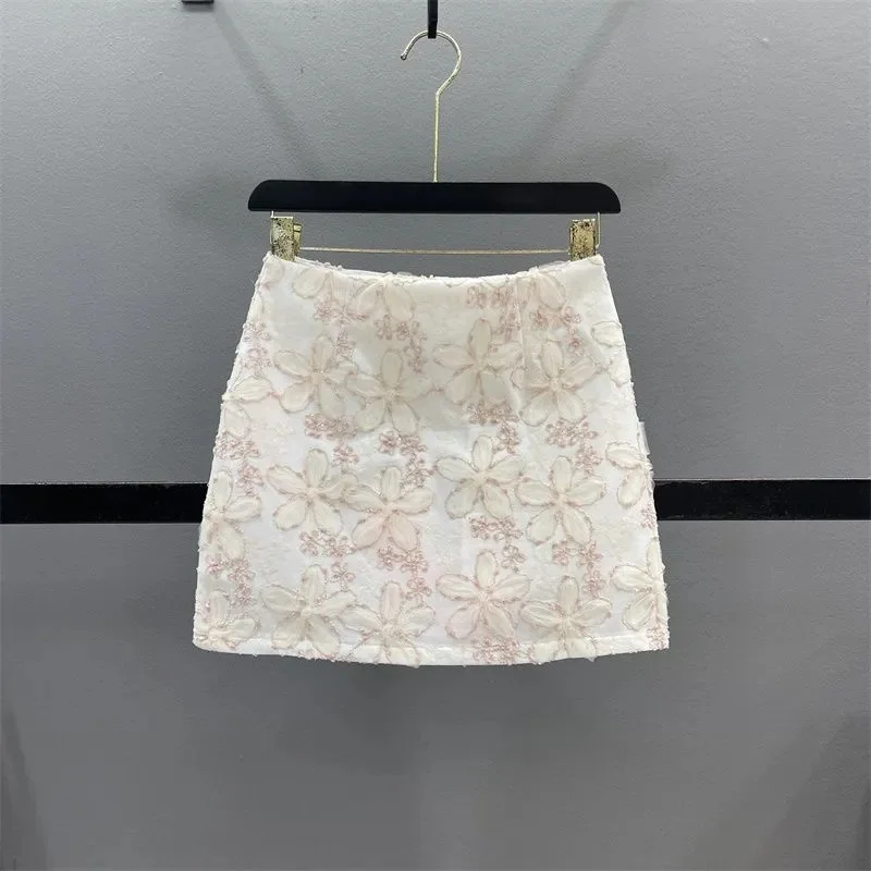 White Flower Skirt Women's Spring And Summer 2025 New High Waist Slim Anti-Exposure A-Word Hip Skirt MiNiskirt