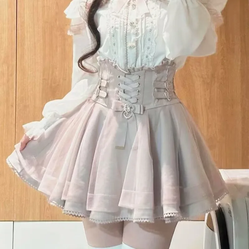 Kimutomo Sweet Skirts Women Ruffles Patchwork Bandage Heart High Waist Lolita Style Fashion Elegant Skirt Female Casual