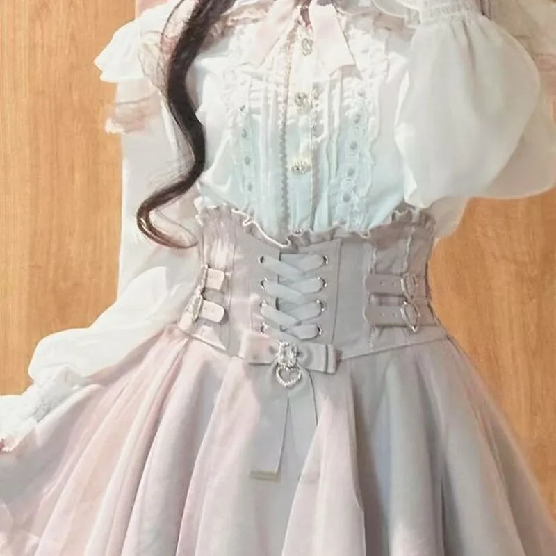 Kimutomo Sweet Skirts Women Ruffles Patchwork Bandage Heart High Waist Lolita Style Fashion Elegant Skirt Female Casual