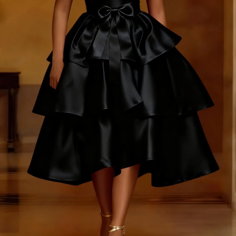 Elegant Women Shiny Satin A Line Cake Skirt High Waist Tierred Ruffles Christmas Party Birthday Wedding Guest Event Occasion New
