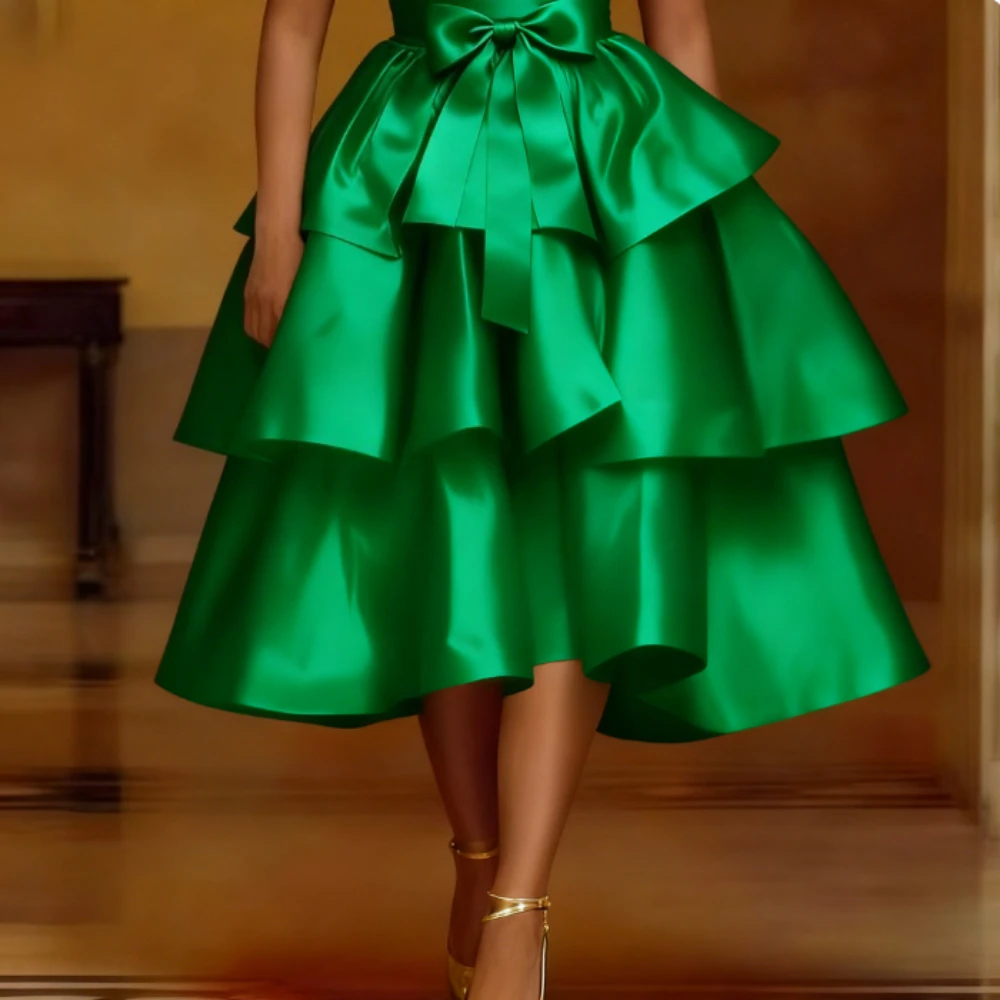 Elegant Women Shiny Satin A Line Cake Skirt High Waist Tierred Ruffles Christmas Party Birthday Wedding Guest Event Occasion New