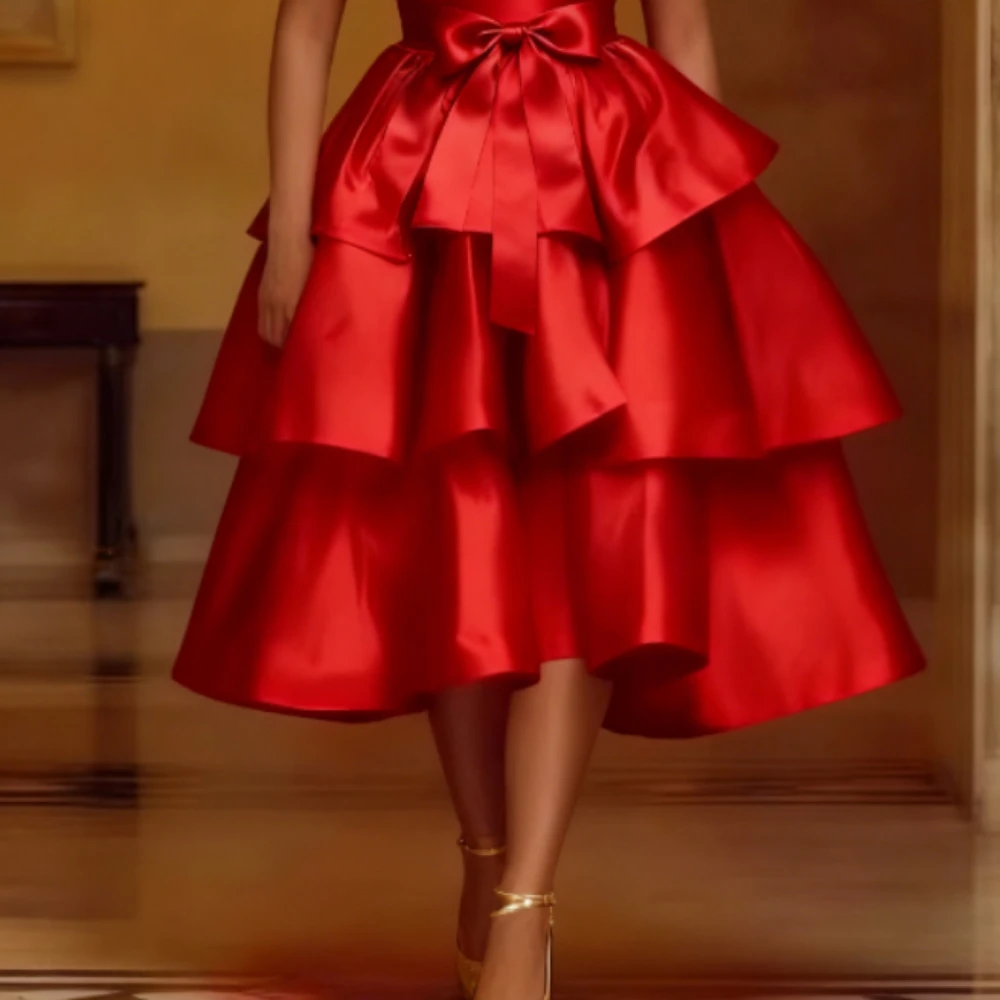 Elegant Women Shiny Satin A Line Cake Skirt High Waist Tierred Ruffles Christmas Party Birthday Wedding Guest Event Occasion New