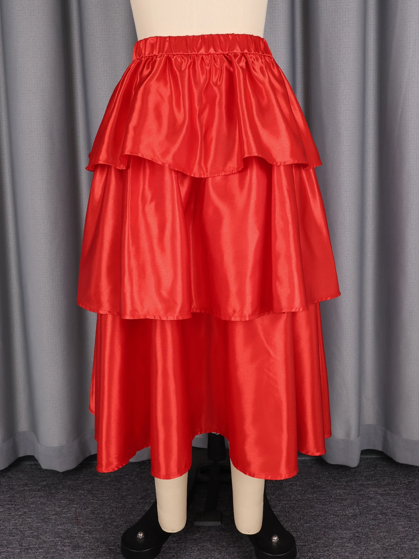 Elegant Women Shiny Satin A Line Cake Skirt High Waist Tierred Ruffles Christmas Party Birthday Wedding Guest Event Occasion New