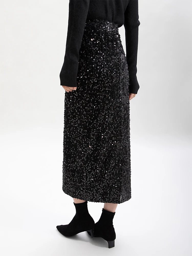 Hirsionsan High Waist Sequined Skirt Women 2023 New Autumn Office Lady Basic Midi Skirt Chic Elegant Glossy Long Black Skirt