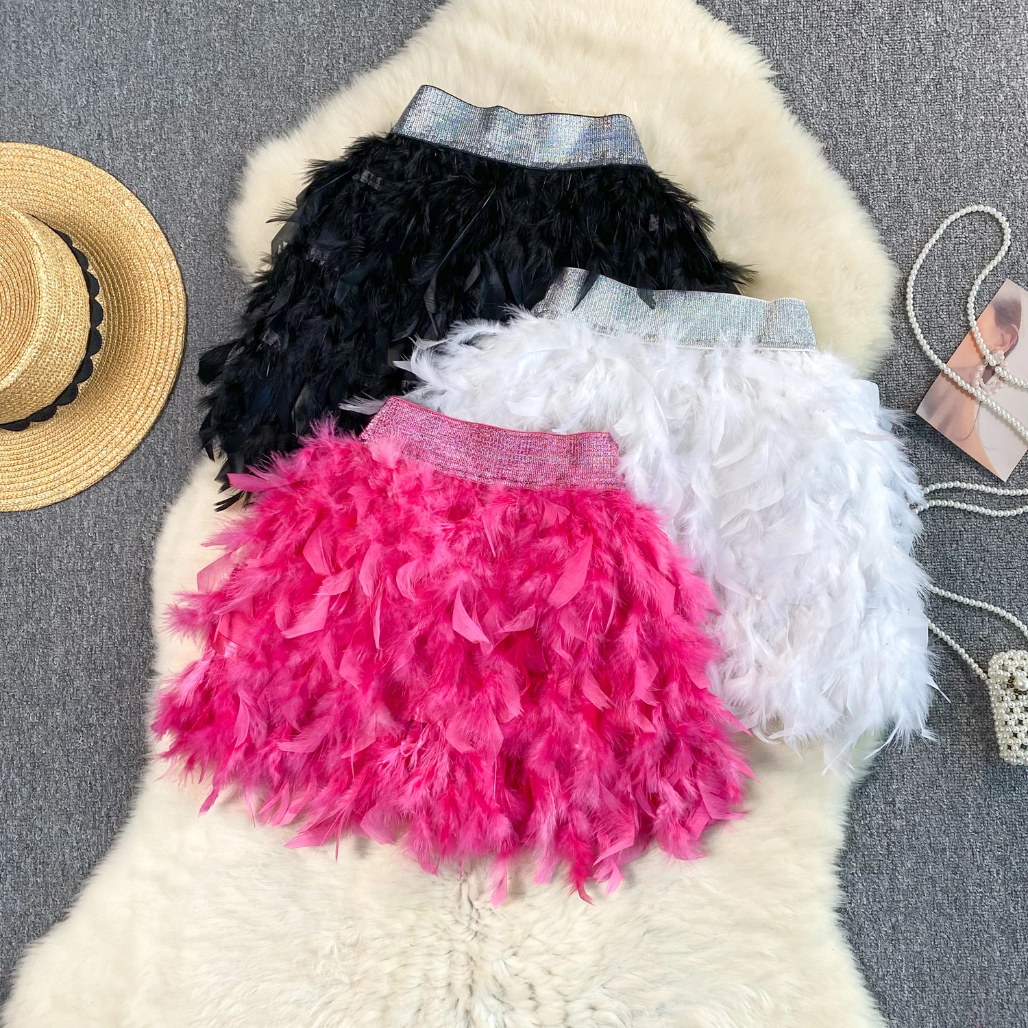 SINGREINY Senior Birthday Party Skirt High Quality Elastic Waist Mini Skirt Fairy Style Sweet Feather Splicing Ball Gown Skirt
