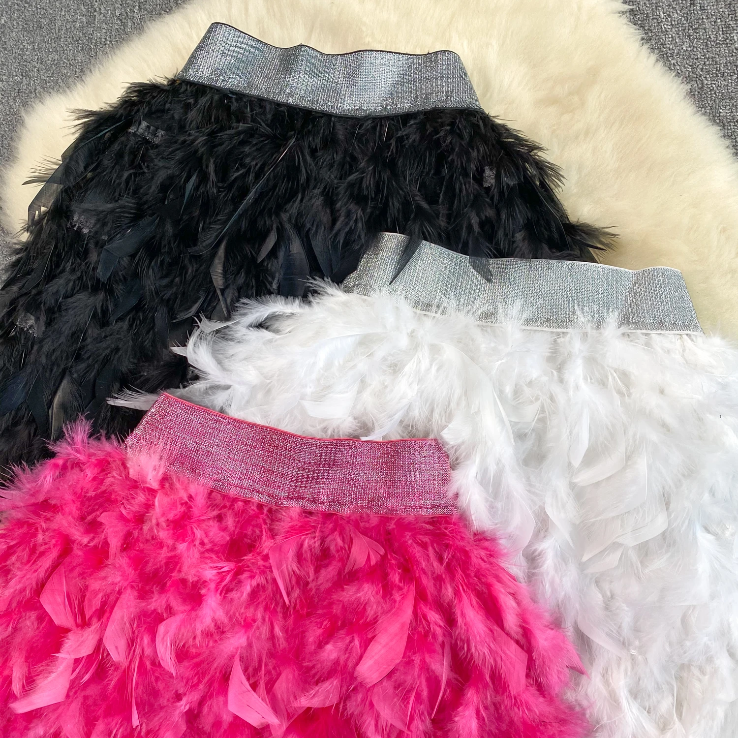 SINGREINY Senior Birthday Party Skirt High Quality Elastic Waist Mini Skirt Fairy Style Sweet Feather Splicing Ball Gown Skirt