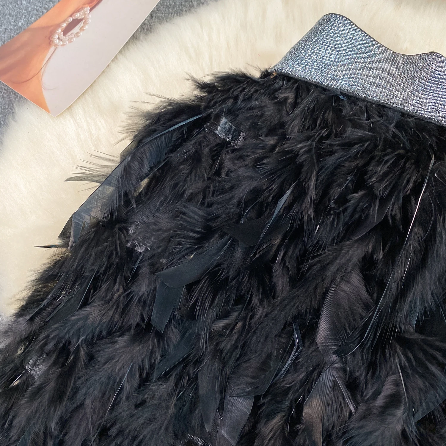 SINGREINY Senior Birthday Party Skirt High Quality Elastic Waist Mini Skirt Fairy Style Sweet Feather Splicing Ball Gown Skirt