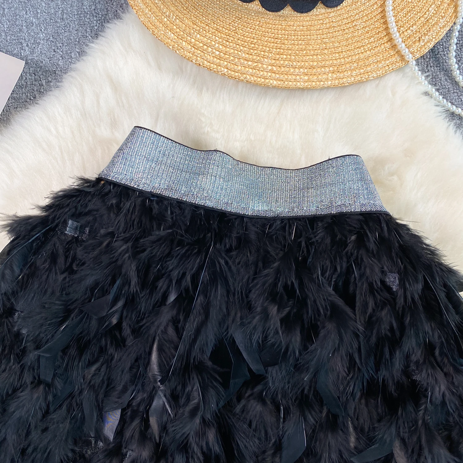 SINGREINY Senior Birthday Party Skirt High Quality Elastic Waist Mini Skirt Fairy Style Sweet Feather Splicing Ball Gown Skirt