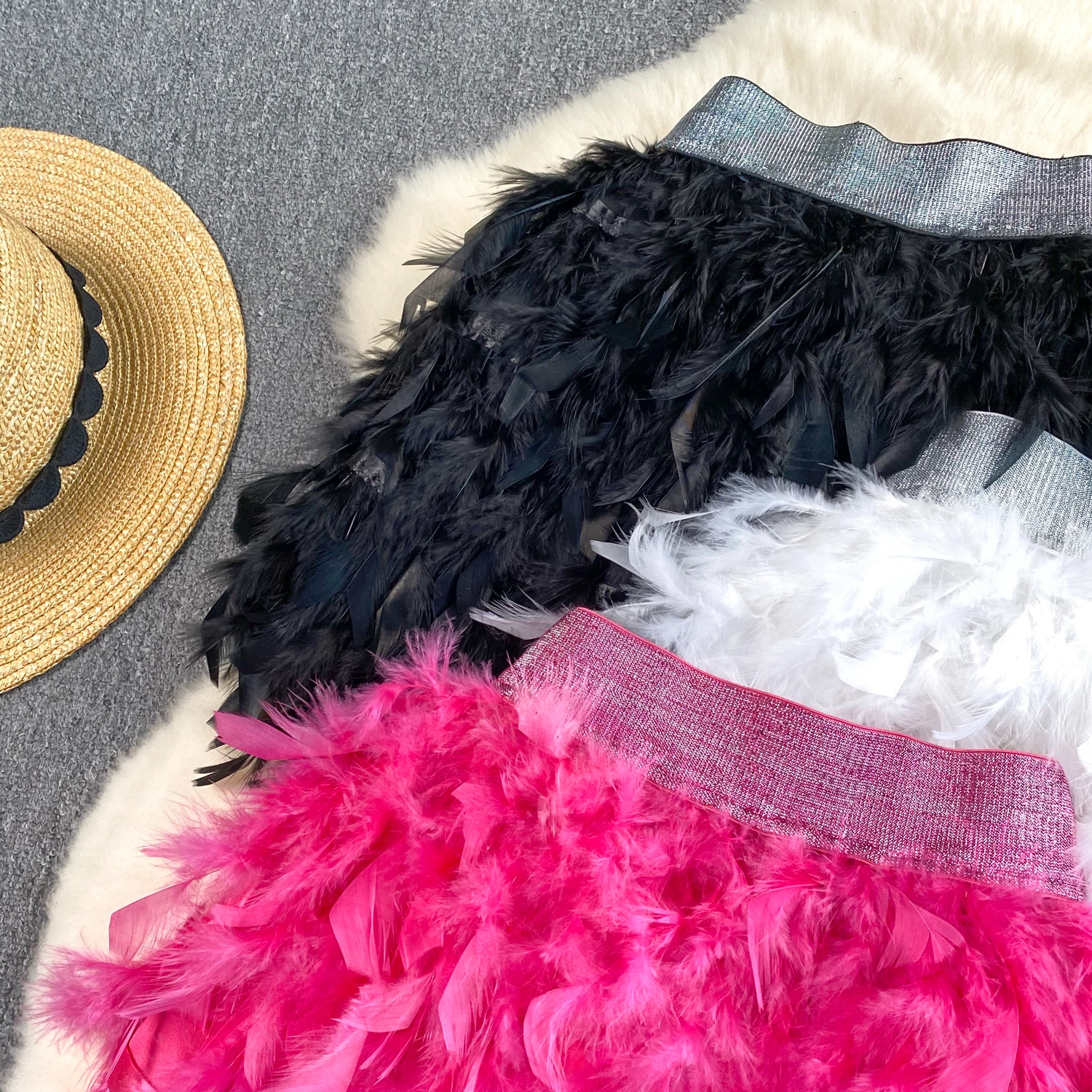 SINGREINY Senior Birthday Party Skirt High Quality Elastic Waist Mini Skirt Fairy Style Sweet Feather Splicing Ball Gown Skirt