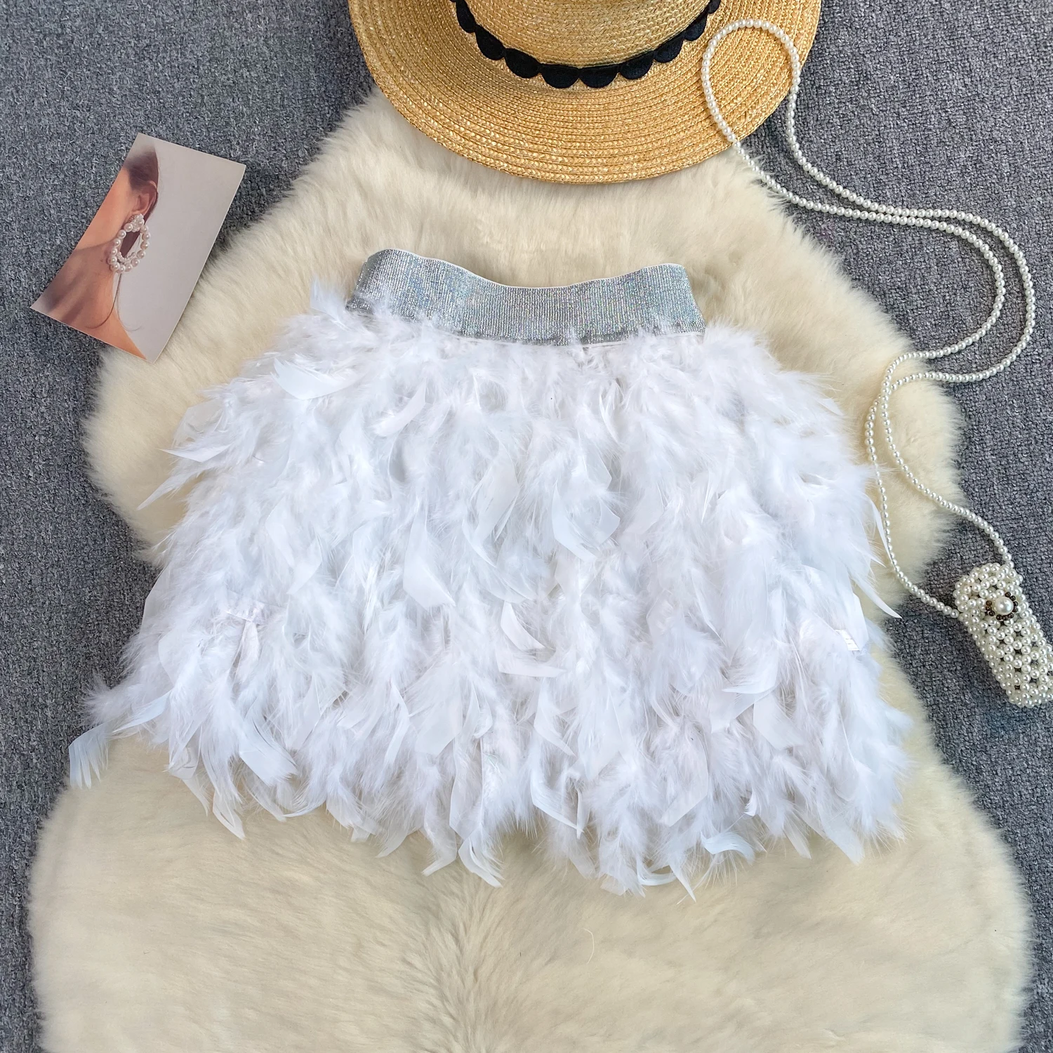 SINGREINY Senior Birthday Party Skirt High Quality Elastic Waist Mini Skirt Fairy Style Sweet Feather Splicing Ball Gown Skirt
