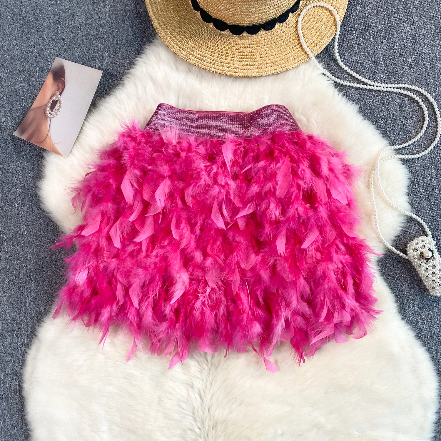SINGREINY Senior Birthday Party Skirt High Quality Elastic Waist Mini Skirt Fairy Style Sweet Feather Splicing Ball Gown Skirt