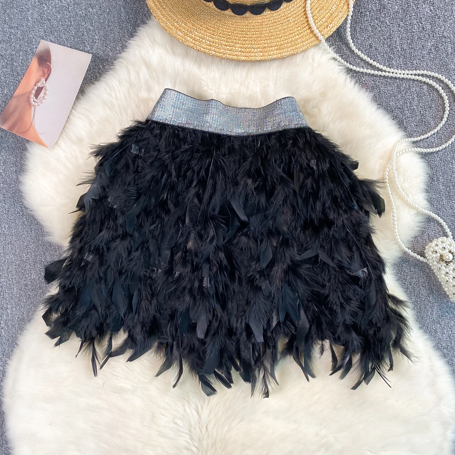 SINGREINY Senior Birthday Party Skirt High Quality Elastic Waist Mini Skirt Fairy Style Sweet Feather Splicing Ball Gown Skirt