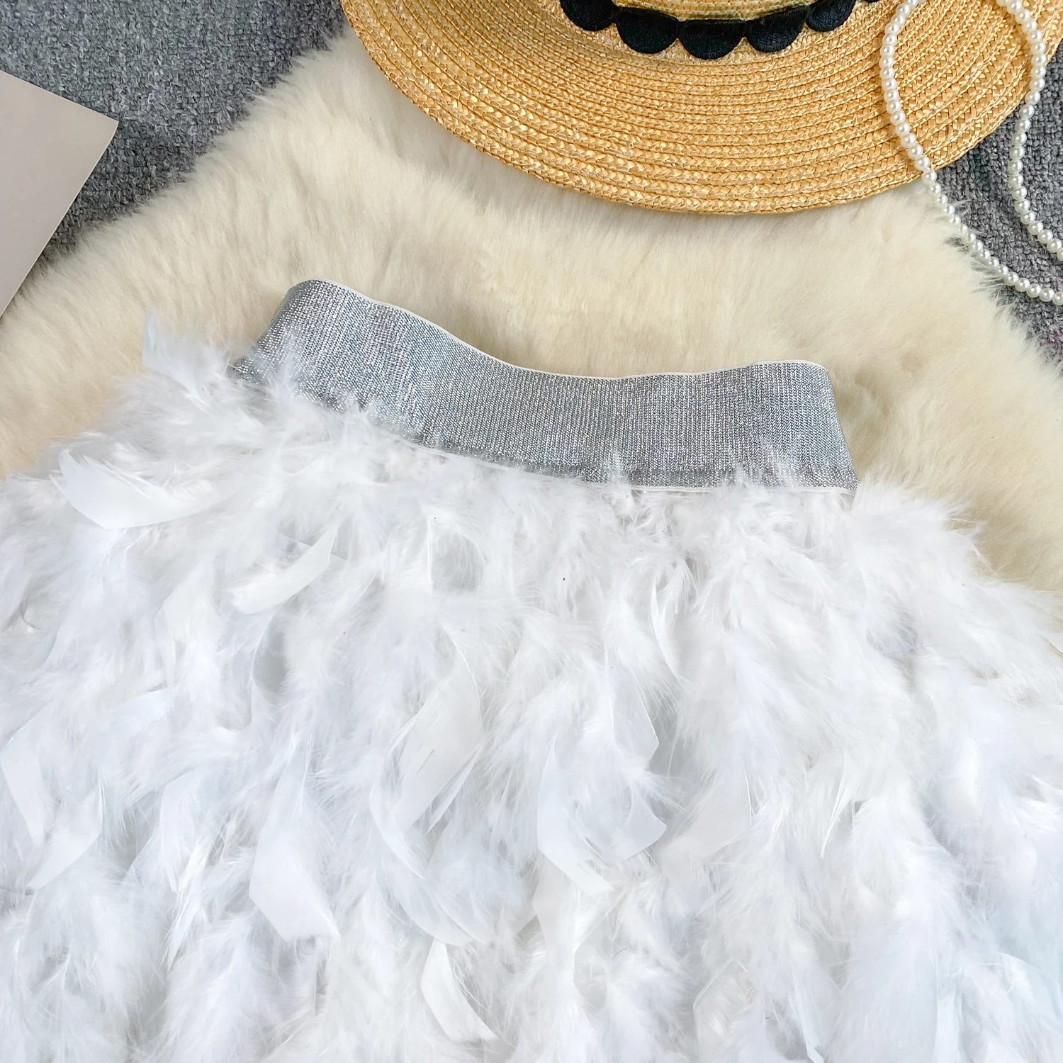 SINGREINY Senior Birthday Party Skirt High Quality Elastic Waist Mini Skirt Fairy Style Sweet Feather Splicing Ball Gown Skirt