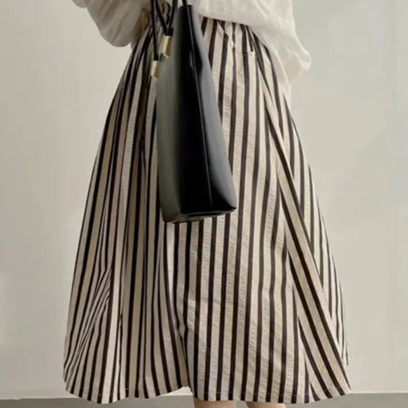 Japanese Vintage Skirt for Women 2025 Faldas Mujer De Moda High Waist A-line Jupe Folds Striped Saia Loose Summer Skirts 27v422
