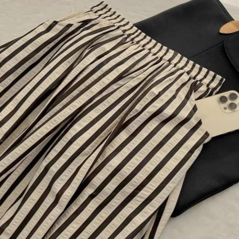 Japanese Vintage Skirt for Women 2025 Faldas Mujer De Moda High Waist A-line Jupe Folds Striped Saia Loose Summer Skirts 27v422