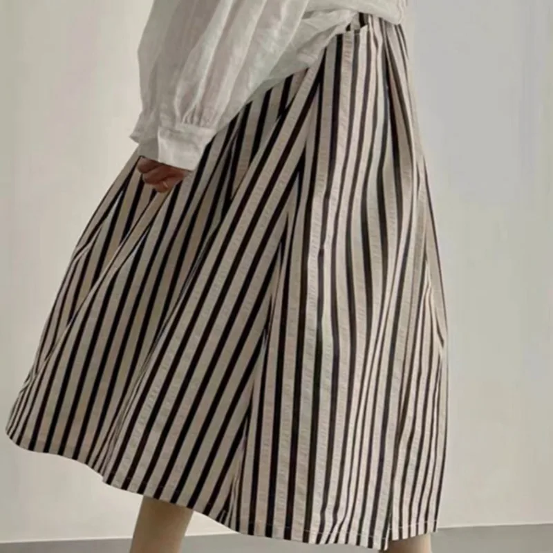 Japanese Vintage Skirt for Women 2025 Faldas Mujer De Moda High Waist A-line Jupe Folds Striped Saia Loose Summer Skirts 27v422