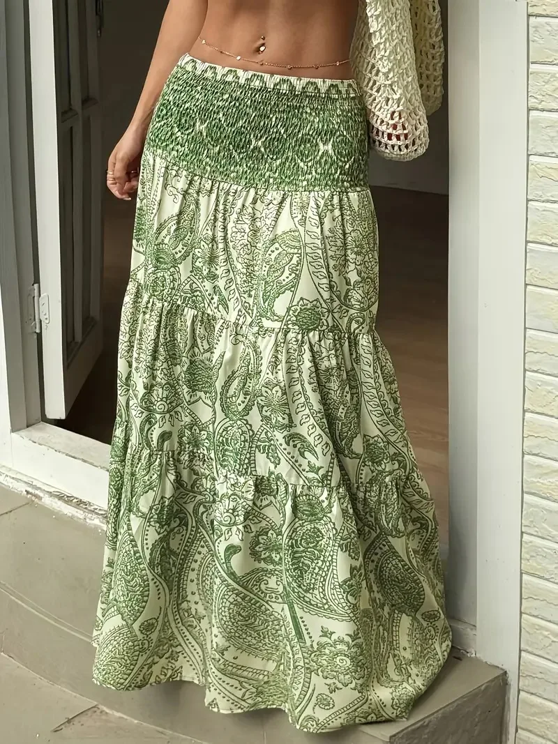 Women Boho Paisley Print Maxi Skirt High Waist Smocked Tiered Flowy Long Skirt Casual Summer Beach Dress