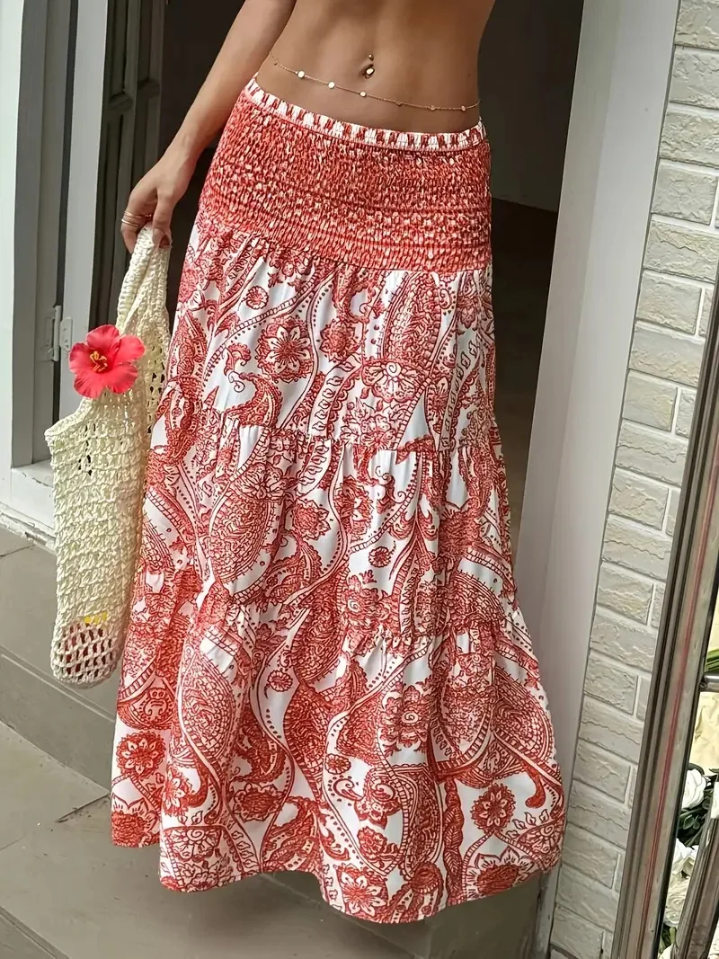Women Boho Paisley Print Maxi Skirt High Waist Smocked Tiered Flowy Long Skirt Casual Summer Beach Dress