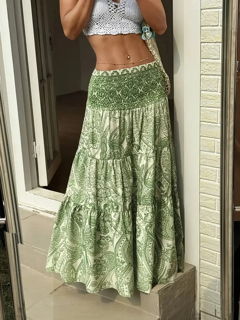 Women Boho Paisley Print Maxi Skirt High Waist Smocked Tiered Flowy Long Skirt Casual Summer Beach Dress
