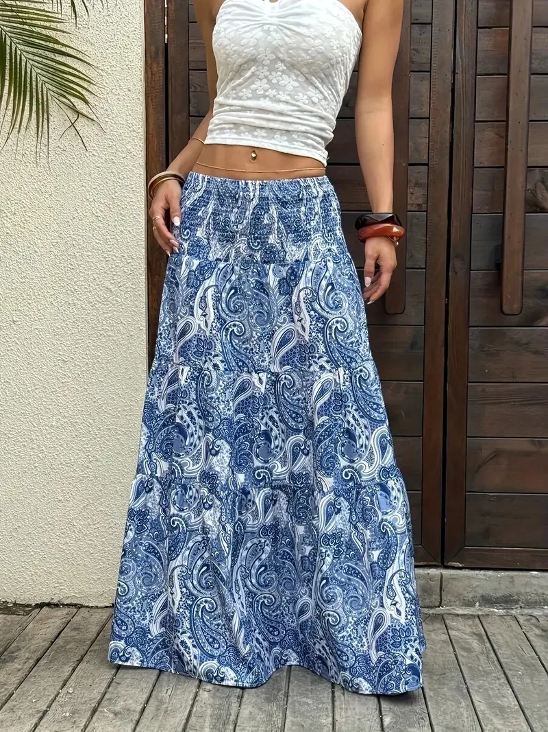 Women Boho Paisley Print Maxi Skirt High Waist Smocked Tiered Flowy Long Skirt Casual Summer Beach Dress