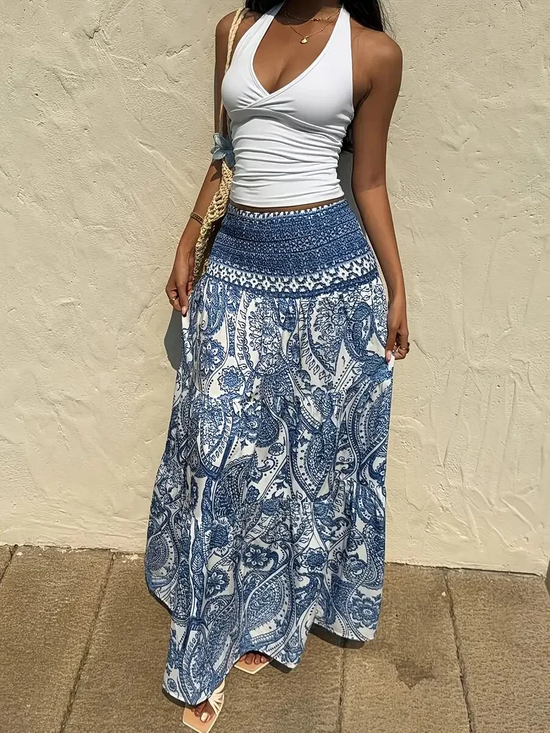 Women Boho Paisley Print Maxi Skirt High Waist Smocked Tiered Flowy Long Skirt Casual Summer Beach Dress