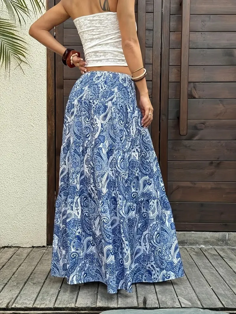 Women Boho Paisley Print Maxi Skirt High Waist Smocked Tiered Flowy Long Skirt Casual Summer Beach Dress