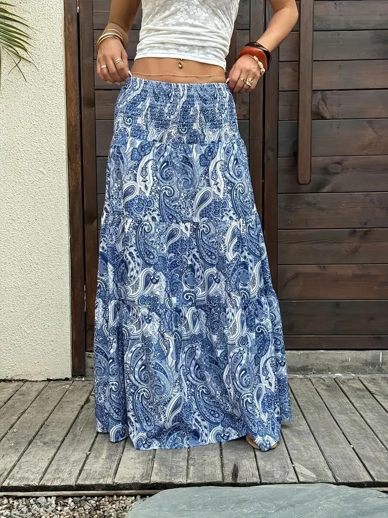 Women Boho Paisley Print Maxi Skirt High Waist Smocked Tiered Flowy Long Skirt Casual Summer Beach Dress