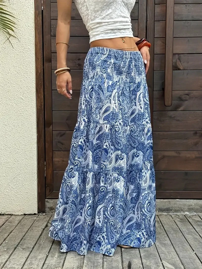 Women Boho Paisley Print Maxi Skirt High Waist Smocked Tiered Flowy Long Skirt Casual Summer Beach Dress