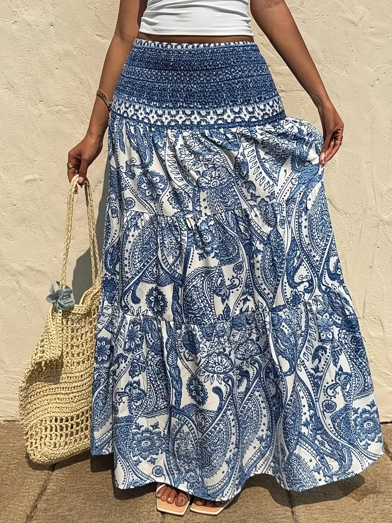 Women Boho Paisley Print Maxi Skirt High Waist Smocked Tiered Flowy Long Skirt Casual Summer Beach Dress