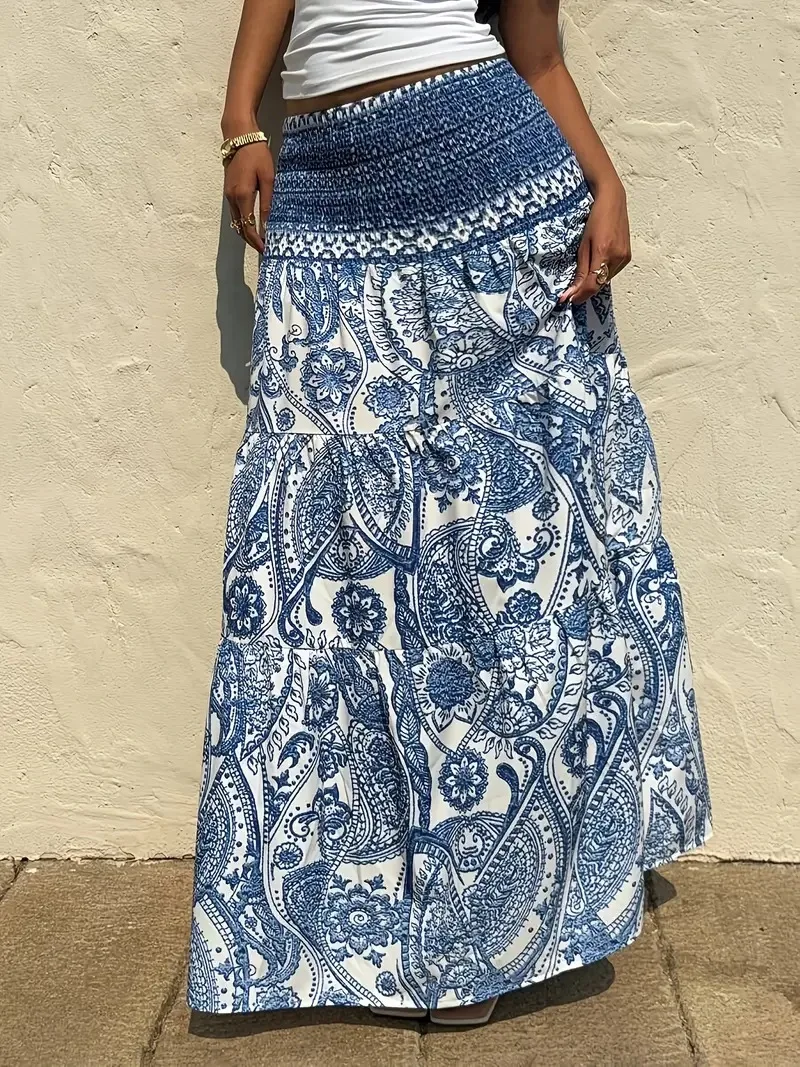Women Boho Paisley Print Maxi Skirt High Waist Smocked Tiered Flowy Long Skirt Casual Summer Beach Dress
