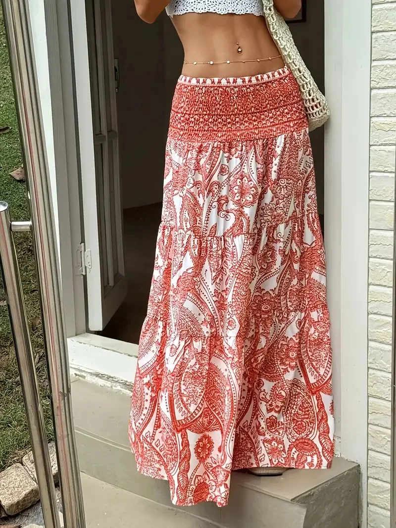 Women Boho Paisley Print Maxi Skirt High Waist Smocked Tiered Flowy Long Skirt Casual Summer Beach Dress